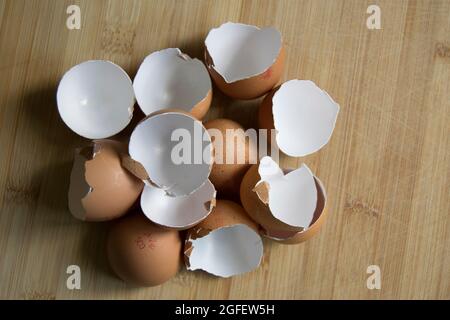 Brown speckled empty eggshells on the kitchen worktop Stock Photo