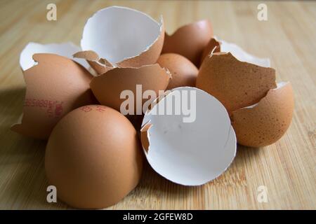 Brown speckled empty eggshells on the kitchen worktop Stock Photo