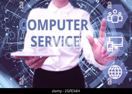 Sign displaying Computer Service. Word Written on computer time or service including data processing services Lady In Uniform Holding Phone Virtual Stock Photo