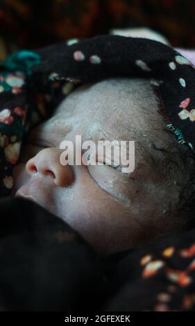 Beautiful baby boy a few seconds after the birth. Baby after birth. Stock Photo