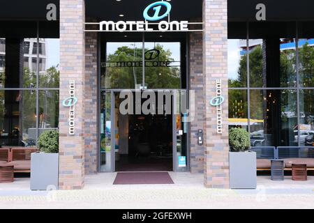 Berlin, Germany, August 9, 2021, entrance to Motel One Spittelmarkt in Leipziger Strasse. Stock Photo