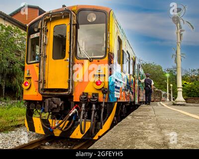 Jingtong, Taiwan - October 05, 2016: Wagons of  historic train  Pingxi Line in Taiwan Stock Photo