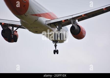 A close up photograph of an easyJet aeroplane coming into land at Bristol Airport, Lulsgate, England, UK Stock Photo