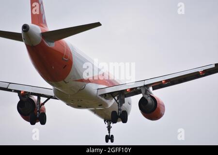 A close up photograph of an easyJet aeroplane coming into land at Bristol Airport, Lulsgate, England, UK Stock Photo