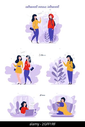 Extrovert and introvert personality types. Extraverted, introverted mindset people. Extroversion, introversion, vector Stock Vector