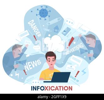 Information overload, infoxication. Politics, covid-19, internet advertising, social media news, vector illustration. Stock Vector