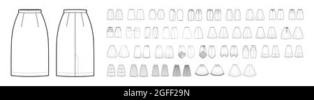 Set of Skirts technical fashion illustration with knee lengths silhouette, classic A-line, pencil, circular fullness. Flat bottom template front, back, white color style. Women men unisex CAD mockup Stock Vector