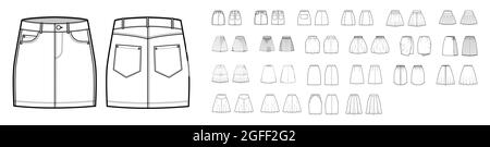 Set of Skirts technical fashion illustration with knee mini lengths silhouette, A-line, pencil circular fullness. Flat bottom template front, back, white color style. Women, men, unisex CAD mockup Stock Vector