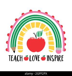 Teach Love Inspire - colorful typography design with red apple. Thank you Gift card for Teacher's Day. Vector illustration on white background with re Stock Vector