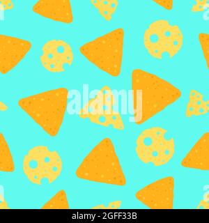 Bright background with nachos and a slice of cheese on a blue background Stock Vector
