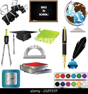 Realistic set of school supplies isolated vector. Blackboard, compass, watercolors, post-it, notebook, graduation cap, pen, guide, nib. Stock Vector