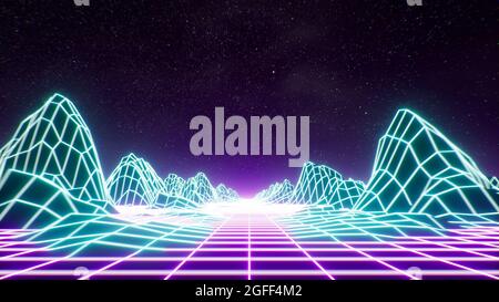 Glow Neon Light Synthwave Grid Mountain Retro Background 3D Render Stock Photo