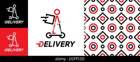 Courier with a backpack on an electric scooter. fast express delivery service logo Stock Vector