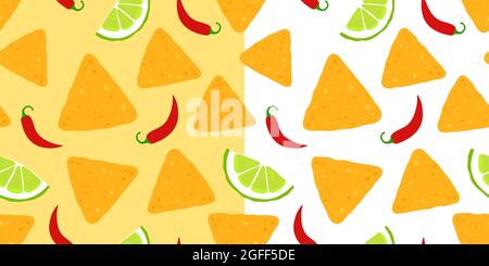 Set of backgrounds with nacho, slice of lime and chili on yellow and white background Stock Vector