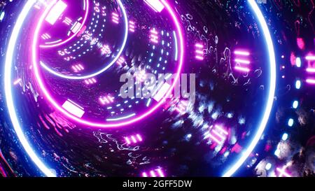 Shining Neon Circle light High Reflection Tunnel 3D Render Stock Photo