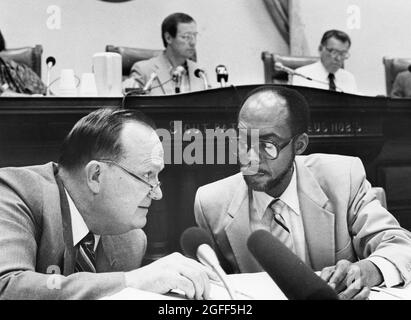 Austin Texas USA, circa 1984: Texas House Education Committee members working on HB72, the school reform bill. ©Bob Daemmrich Stock Photo