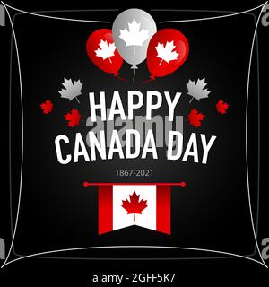 Happy Canada Day banner with flag and balloons on black background Stock Vector