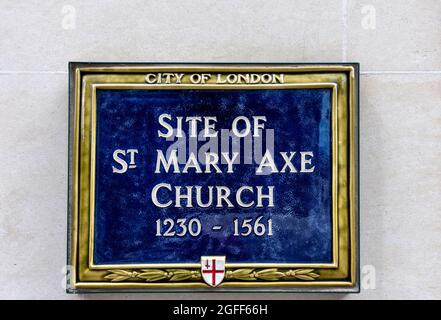 LONDON CITY ST MARY AXE BLUE PLAQUE OR SIGN SHOWING SITE OF ST MARY AXE CHURCH 1230-1561 Stock Photo