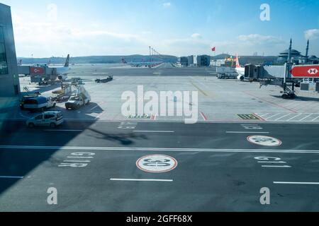 Arnavutkoy, Istanbul, Turkey - 03.08.2021: a lot of Turkish Airlines airplanes in a row and airdrome support vehicles helping in Istanbul Airport in a Stock Photo