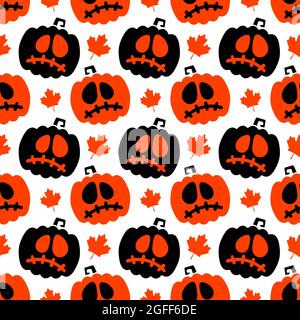 Black and orange pumpkins with a sad face emotion and maple leaves on a white background. Stock Vector