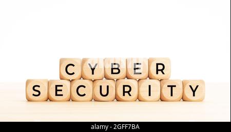 Cyber Security words on wooden block. Copy space. White background Stock Photo