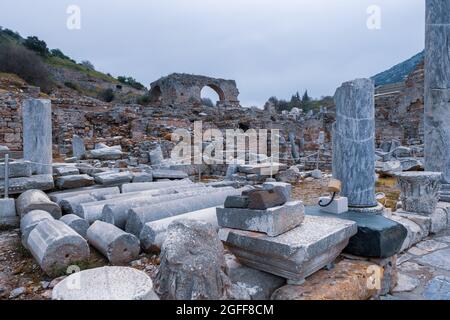 Selcuk, Izmir, Turkey - 03.09.2021: stones of Private House brothel in Ephesus ruins, historical ancient Roman archaeological sites in eastern Mediter Stock Photo
