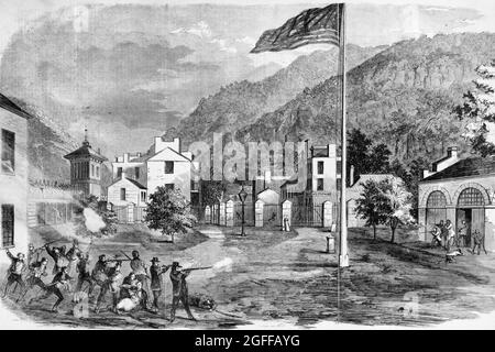 Harper's Ferry insurrection - the battle ground - Captain Alberts' party attacking the insurgents - view of the railroad bridge, the engine-house, and the village, 1859 Stock Photo