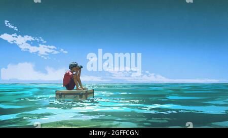 A boy with binoculars sits on a suitcase floating on the sea, digital art style, illustration painting Stock Photo