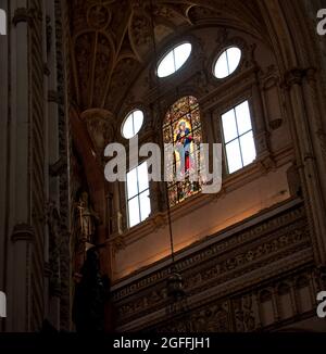 Stained Glass Window, Mosque-Cathedral of Cordoba, Cordoba, Province of Cordoba, Andalucia, Spain Stock Photo