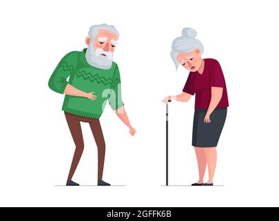 Unhealthy sick elderly couple stand. Sad tired senior aged pensioners. Weakness old people bearded man in sweater and woman with cane. Fatigue gray hair retired grandparents. Vector eps illustration Stock Vector