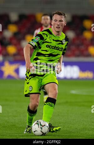 Brentford, UK. 24th Aug, 2021. Forest Green Regan Hendry during the Carabao Cup match between Brentford and Forest Green Rovers at the Brentford Community Stadium, Brentford, England on 24 August 2021. Photo by Andrew Aleksiejczuk/PRiME Media Images. Credit: PRiME Media Images/Alamy Live News Stock Photo