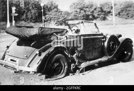 Reinhard Heydrich's car (a Mercedes-Benz 320 Convertible B) after the 1942 assassination attempt in Prague. Heydrich later died of his injuries. Credit: German Bundesarchiv Stock Photo