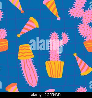 Modern pink cactus seamless pattern. Illustration in flat cartoon style. Stock Vector