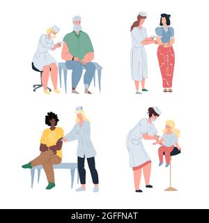 Flat cartoon doctors and patients characters set,vaccination and coronavirus prevention vector illustration concept Stock Vector