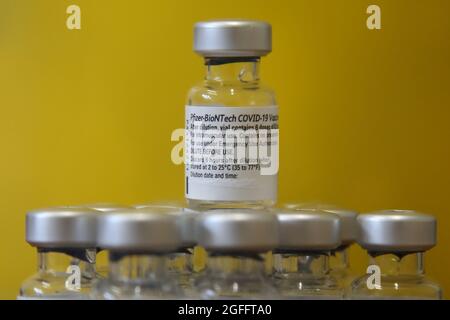 London, UK 25 Aug 2021 - Vials containing the Pfizer Covid-19 vaccine, at a vaccination centre. Credit Dinendra Haria /Alamy Live News Stock Photo