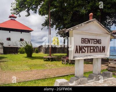 Ambon Island, Indonesia - Feb 2018: Fort Amsterdam (also formerly known as Blokhuis Amsterdam) is a fort and a blockhouse in Hila town, Leihitu Subdis Stock Photo