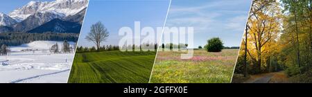 Four seasons landscape collage. Horizontal banner with photos of winter, spring, summer, autumn.Landscapes od mountains, field, meadow and forest in a Stock Photo