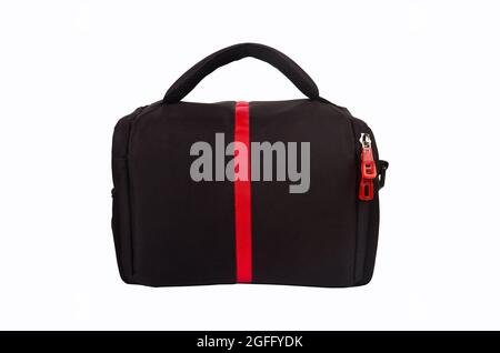 Black bag with red stripe designed for digital camera, isolated on white background Stock Photo
