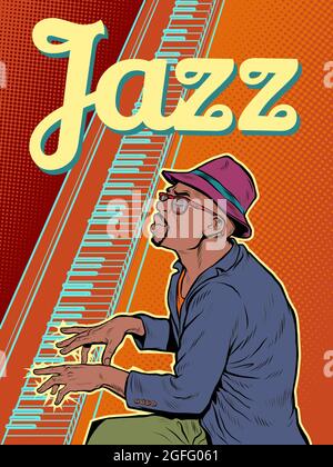 Black male jazz pianist. Music and rock. Arist plays a musical instrument Stock Vector