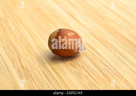 Fresh tasty organic hazelnut filbert, on bamboo cutting board Stock Photo