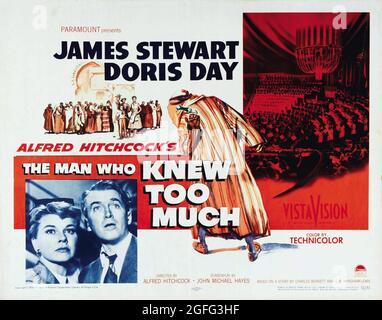 Movie poster: The Man Who Knew Too Much is a 1956 American suspense thriller film directed by Alfred Hitchcock, starring James Stewart and Doris Day. Stock Photo