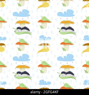 Vector autumn seamless pattern with mushrooms, hedgehog character, leaves, clouds and raindrops. A cute hedgehog sleeps under a mushroom in the rain. Stock Vector