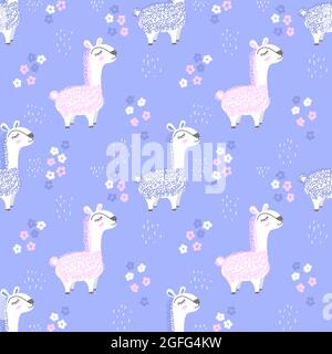 Seamless vector pattern with llamas. Hand drawn cute creative llamas with flowers. Stock Vector
