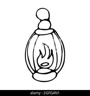 Kerosene lantern doodle style. Hand drawn camping lantern. Travel concept.Vector design. Doodle sketch design elements. Line art.  Stock Vector