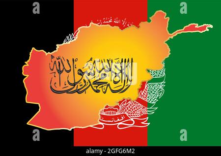 Calligraphic writing of Taliban Shahada Islamic Republic of Afghanistan on an outline map. Map on the background of the flag of Afghanistan. Stock Vector