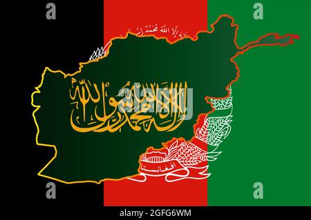 Calligraphic writing of Taliban Shahada Islamic Republic of Afghanistan on an outline map. Map on the background of the flag of Afghanistan. Stock Vector