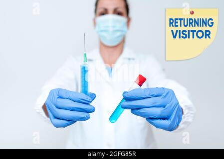 Text sign showing Returning Visitor. Internet Concept when someone returns to your website multiple times Preparing Medical Vaccine Presenting New Stock Photo