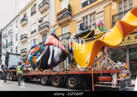 Valencia, Spain - August, 2021: Las Fallas of Valencia returns in 2021 after the coronavirus COVID-19 pandemic, the most important festival. Various p Stock Photo