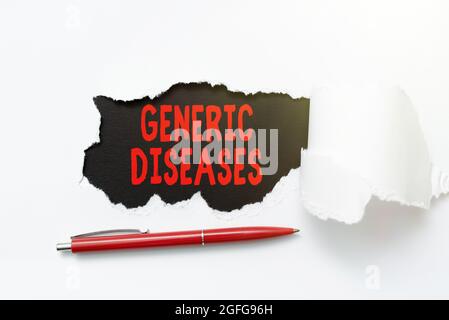 Hand writing sign Genetic Diseases. Business concept disease caused by an abnormality in an individual s is genome Tear on sheet reveals background Stock Photo