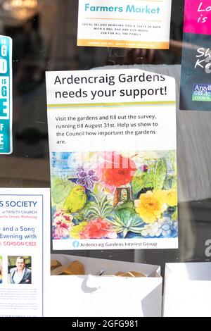 Ardencraig Gardens Interest Group poster inviting public engagement with concerns about the future of the gardens and employees - Rothesay, Scotland, Stock Photo